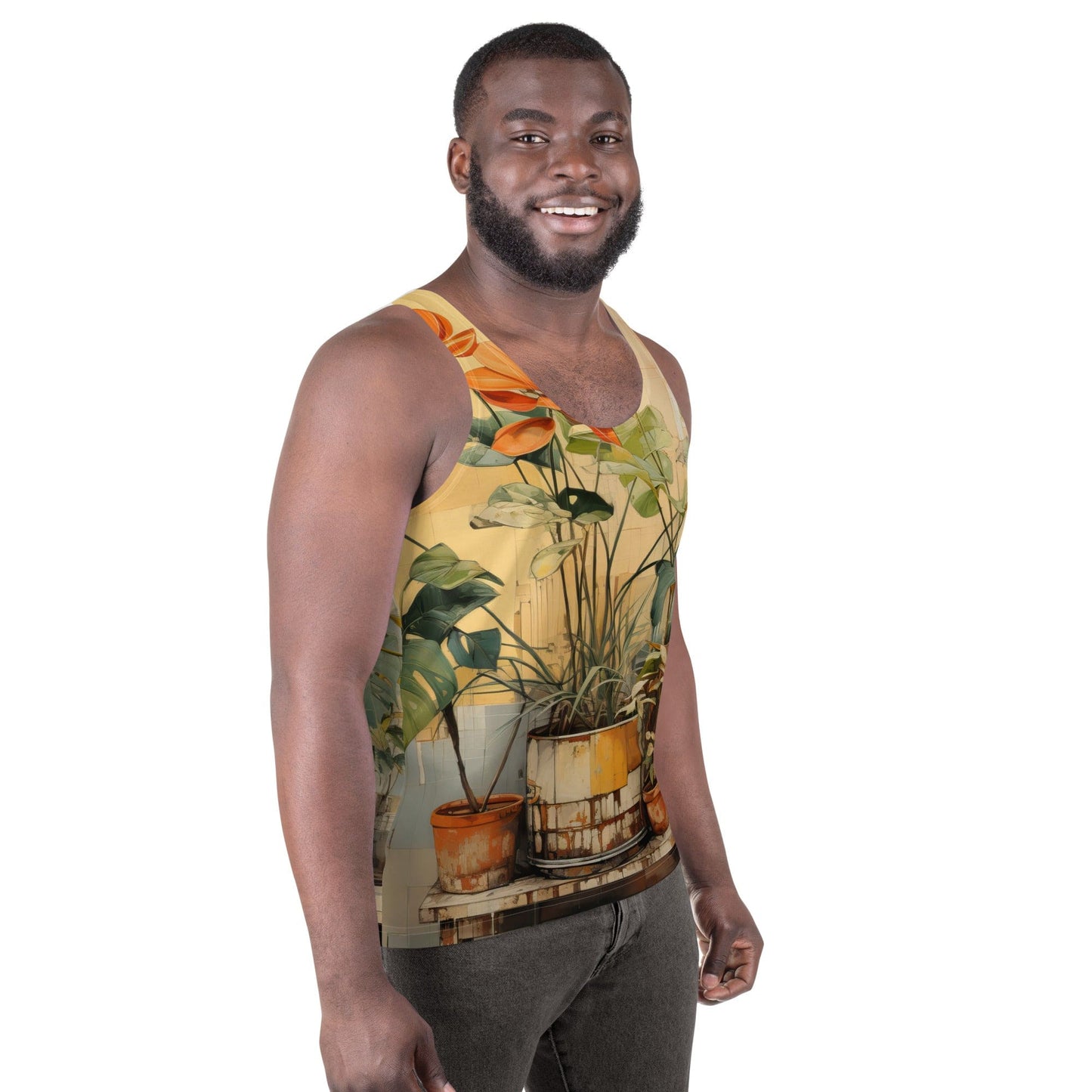 Mens Stretch Fit Tank Top - Earthy Rustic Potted Plants Print