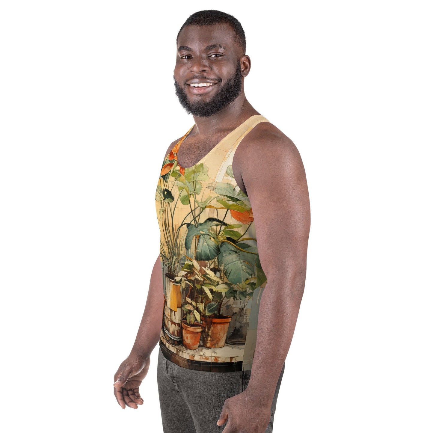 Mens Stretch Fit Tank Top - Earthy Rustic Potted Plants Print