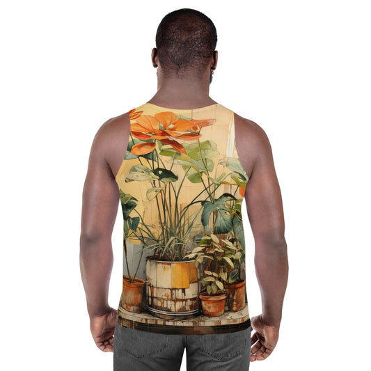 Mens Stretch Fit Tank Top - Earthy Rustic Potted Plants Print