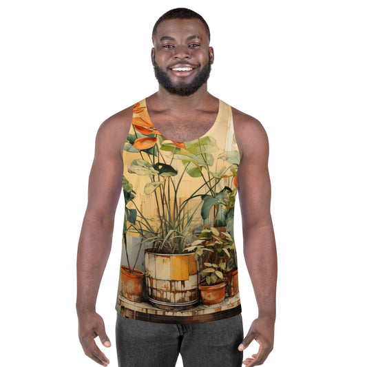 Mens Stretch Fit Tank Top - Earthy Rustic Potted Plants Print