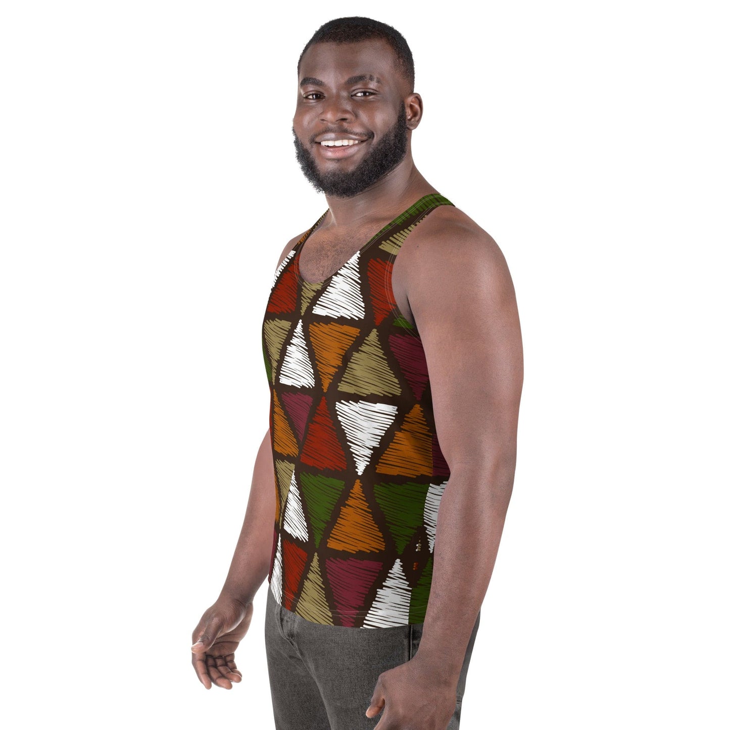 Mens Stretch Fit Tank Top - Red Green Geometric Lines