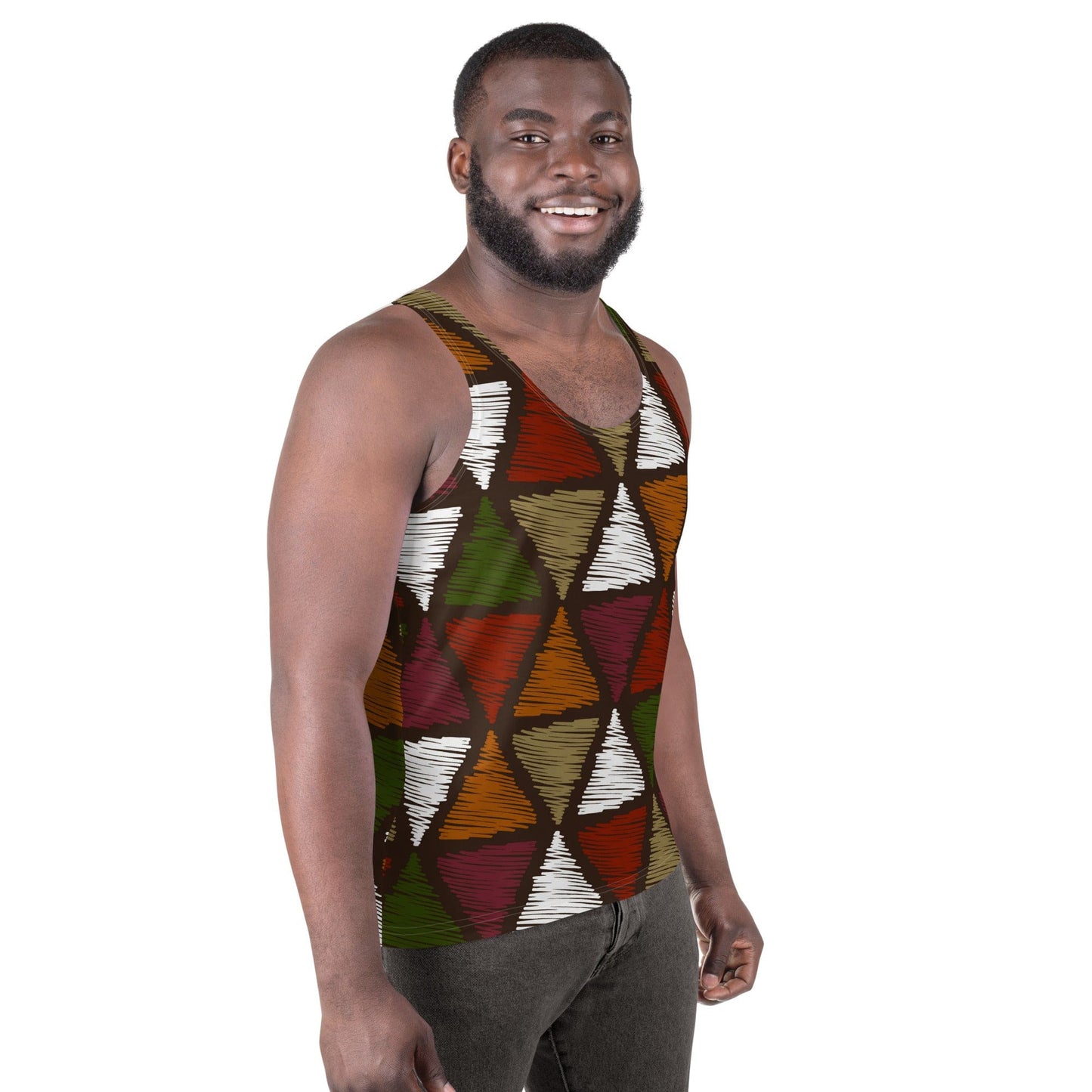 Mens Stretch Fit Tank Top - Red Green Geometric Lines