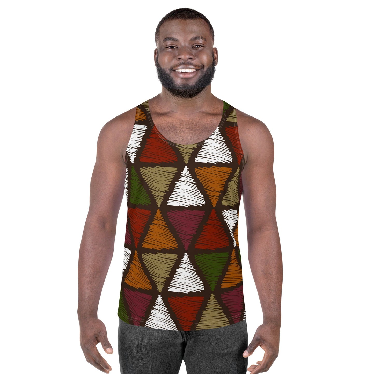 Mens Stretch Fit Tank Top - Red Green Geometric Lines