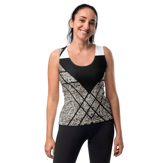 Womens Stretch Fit Tank Top - Black and White Triangular Colorblock